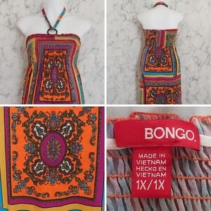 Bongo 1X Smocked Halter Maxi Dress Tiered Colorful Paisley Boho Retro Hippie Y2K